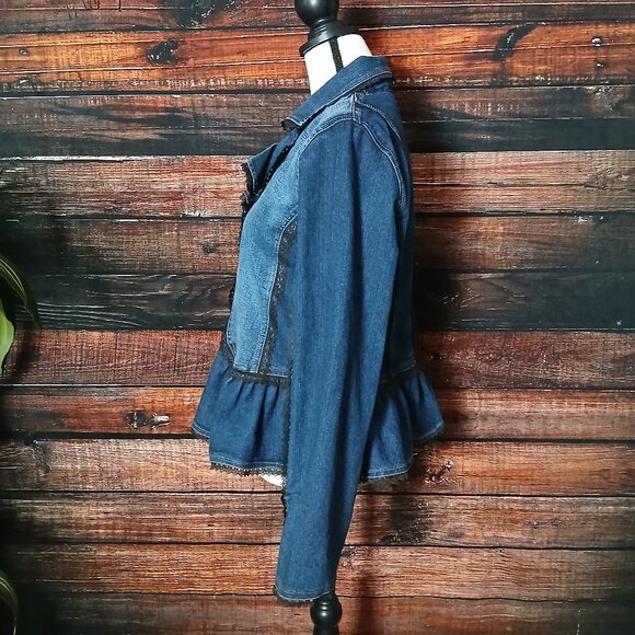 Pyramid Collection Jean Jacket L Lace Trim Peplum Blue Denim - Picture 6 of 9